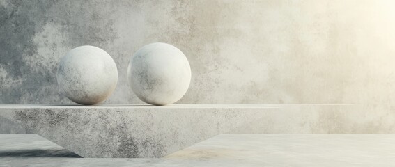 Fototapete - Balance between two white spheres on a minimalistic shelf set against a gray background in a 3D rendering