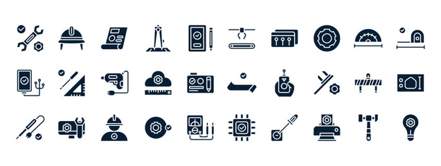 Poster - Collection of Engineering Icons Depicting Tools, Technology, and Design Elements in a Simple Modern Style with a Dark Background
