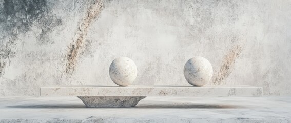 Fototapete - Balance between two white spheres on a minimalistic shelf set against a gray background in a 3D rendering