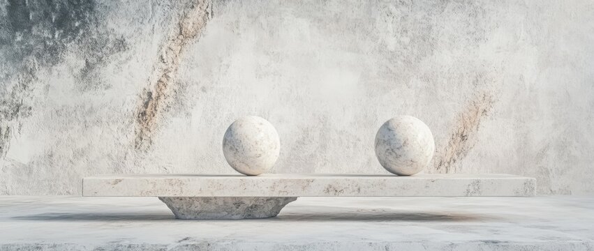 Balance between two white spheres on a minimalistic shelf set against a gray background in a 3D rendering