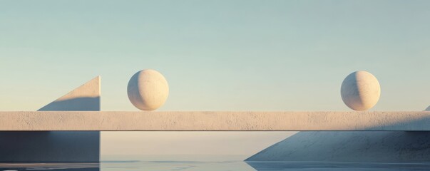 Fototapete - Balance between two white spheres on a minimalistic shelf set against a gray background in a 3D rendering