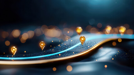 Poster - 3D rendered customer journey roadmap with glowing location markers on wavy path, set against dark, abstract background. image conveys sense of futuristic navigation and digital exploration