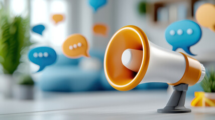 Aufkleber - 3D rendered digital illustration of megaphone surrounded by colorful speech bubbles, symbolizing communication and social media interaction