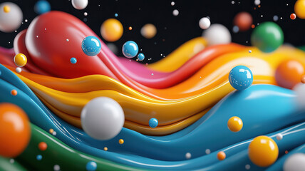 Poster - vibrant explosion of colorful liquid waves and floating spheres creates dynamic and energetic abstract scene