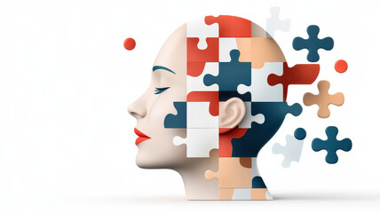 Poster - conceptual 3D illustration of human head composed of colorful puzzle pieces, symbolizing complexity and creativity