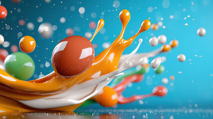 Poster - dynamic and surreal paint splash composition featuring vibrant colors and fluid motion, with orange, white, and green elements against blue background, creating energetic and abstract scene