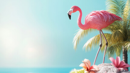 Wall Mural - pink flamingo stands beside palm trees and flowers