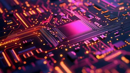 Poster - Detailed circuit board with a soft pink light illuminating components and traces in a high-tech environment