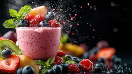 Poster - vibrant berry smoothie topped with fresh fruits, including raspberries, blueberries, and mint, is surrounded by colorful assortment of fruits like kiwi and strawberries, creating refreshing and