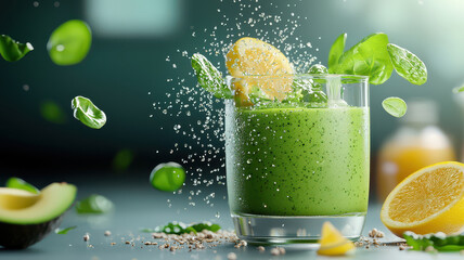 Aufkleber - vibrant green smoothie with spinach, avocado, and lemon, garnished with seeds, creates refreshing and healthy drink. dynamic splash of ingredients adds whimsical touch