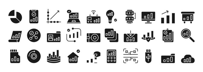 Poster - Collection of Data Analysis Icons Representing Business Metrics and Statistical Insights in a Modern Workspace Setting