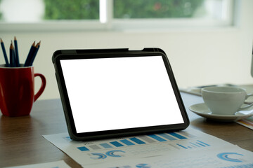 Poster - Laptop with blank screen on table. Workspace background new project on laptop computer with blank copy space screen for your advertising text message