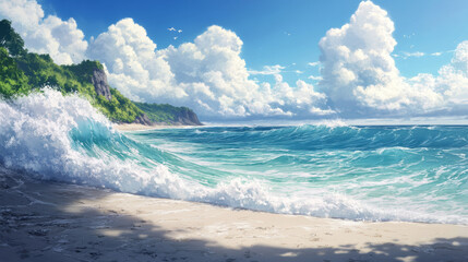 Wall Mural - Breathtaking ocean waves crashing on sunny beach scene