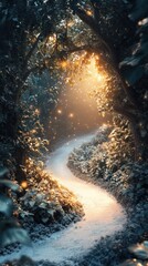 Poster - Snowy winding road through a serene forest illuminated by soft sunlight during winter twilight