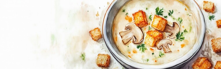 Poster - Delicious close-up of creamy mushroom soup with croutons and herbs on a watercolor background
