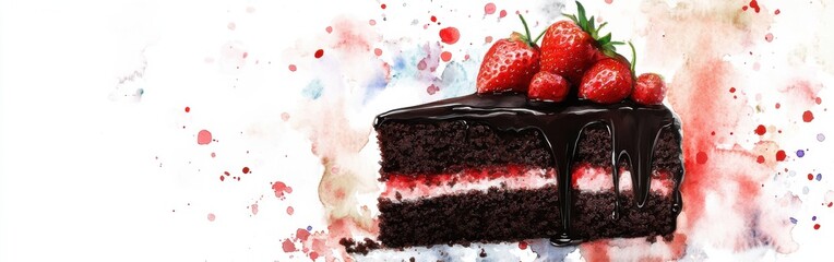 Aufkleber - Close-up of a decadent chocolate cake with fresh strawberries set against a colorful watercolor background