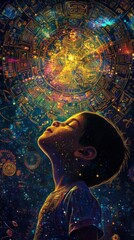 Poster - Child experiencing wonder under a dazzling celestial display of colors and shapes