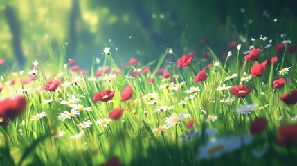 Poster - Vibrant spring meadow filled with vibrant flowers and fresh green grasses under soft sunlight