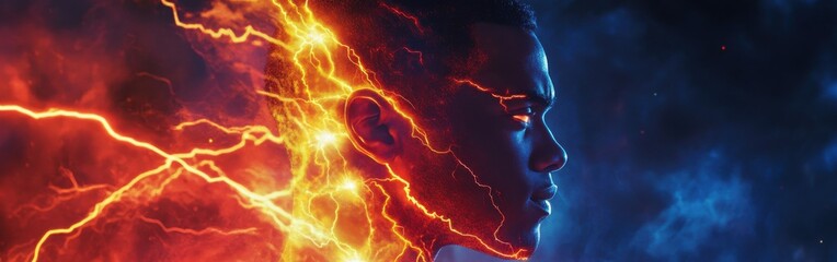 Aufkleber - Portrait of a man glowing with vibrant energy in a dark setting, showcasing dynamic colors and intense emotions