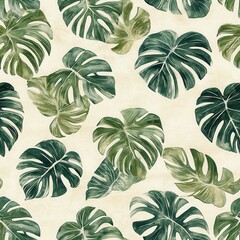 Poster - Vibrant doodle cartoon drawings of tropical leaves in watercolor style on a light background