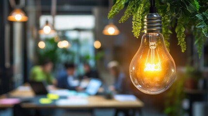 Poster - Glowing light bulb with intricate filaments illuminating a creative workspace surrounded by lush greenery