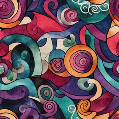 Fototapete - Colorful dynamic doodle designs with swirling patterns in watercolor style