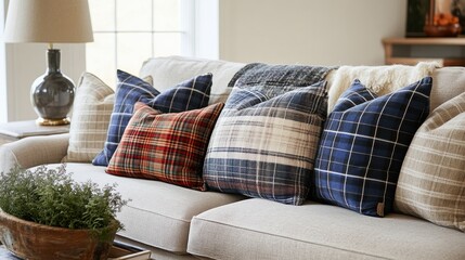 Poster - Cozy living room featuring a blend of plaid cushions on a neutral sofa with natural light