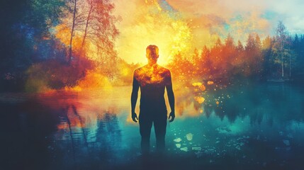 Aufkleber - Glowing figure illuminates a serene landscape at sunset, merging with the colors of nature