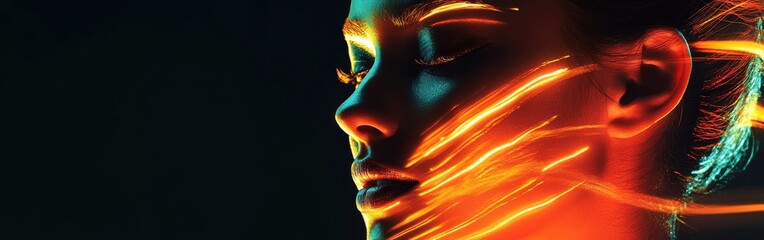 Aufkleber - Glowing woman with vibrant light streaks emanating from her face in a dark background