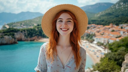 Poster - Cheerful red-haired young woman smiles brightly in a beachside town during a sunny day