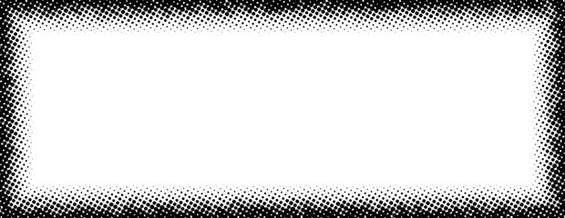 Poster - Halftone rectangle grain frame. Black comic dotted border. Pop art fading gradient frame backdrop. Black and white grunge abstract framing background. Dot textured graphic design wallpaper. Vector