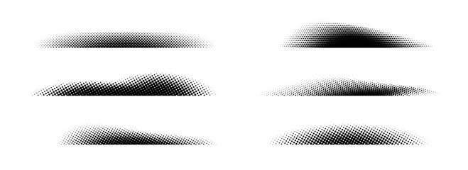 Poster - Halftone shadow set. Black dotted gradient stripe collection. Horizontal pixelated grain line patterns. Half tone textured shade pack for divide and separate. Vector noise dots and particles strips