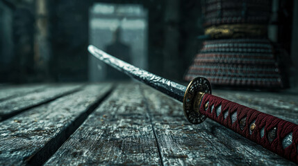 Poster - Atmospheric Scene Featuring Meticulously Crafted Sword in Dimly Lit Environment with Depth