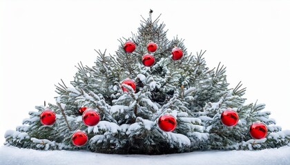 Wall Mural - christmas snowy tree decorated with red balls ornaments isolated on white background clipping path