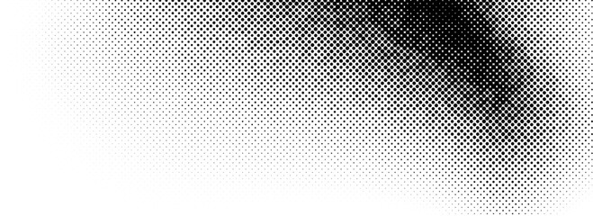 Poster - Dotted halftone texture background. Black and white pop art gradient overlay. Fading grunge gritty noise wallpaper. Weathered pixelated comic backdrop. Vector bitmap subtle vanishing surface