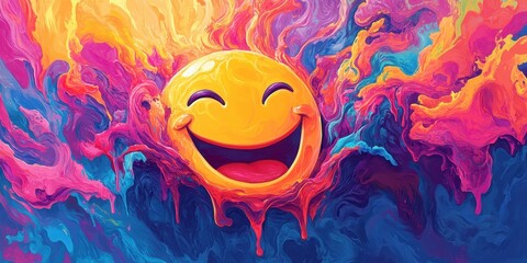 Wall Mural - a smiling yellow emoji with expressive colorful flowing background