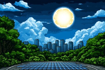 Poster - A pixel-art animation of a futuristic solar-powered city, with tiny solar panels reflecting light as the sun moves across the sky