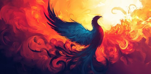 Poster - A Majestic Bird Rises from Flames with Vivid Red and Blue Feathers