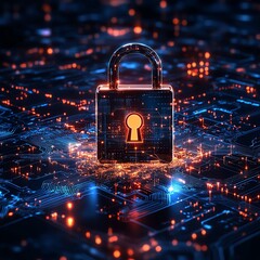 Poster - IT technology security, digital lock, encrypted server connections, data protection system, glowing tech design, futuristic cybersecurity background