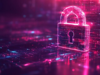 Poster - Advanced cybersecurity, encrypted server room, secure data transfer, digital lock on network, glowing firewall protection, hightech security