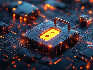 Poster - Advanced cybersecurity, encrypted server room, secure data transfer, digital lock on network, glowing firewall protection, hightech security