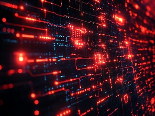Fototapete - Abstract network nodes interconnected, automated threat detection system, digital security concept, glowing lines, cyber defense theme, modern tech art