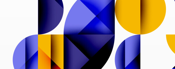 Poster - Abstract geometric background with layered gradient shapes forming dynamic patterns. Overlapping semi circles and triangles create depth and contrast