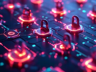 Aufkleber - Digital network nodes and connections, automated threat detection, cybersecurity visualization, glowing data flow, modern hightech security design