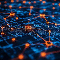 Fototapete - Interconnected cybersecurity network nodes, automated threat detection, glowing connections, hightech abstract digital visualization of security systems