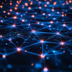 Fototapete - Interconnected network nodes representing automated threat detection in cybersecurity, data flow, glowing connections, modern abstract tech design