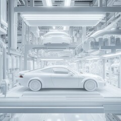 Fototapete - All-White Sports Car in a Cleanroom Environment, Futuristic Automotive Design and Cleanliness.