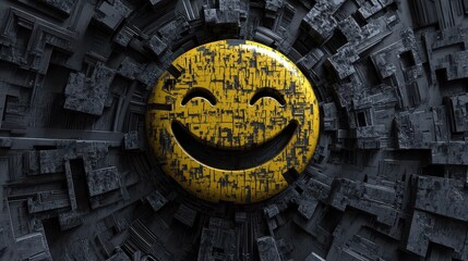 Poster - A yellow smiley face placed within a futuristic technological structure