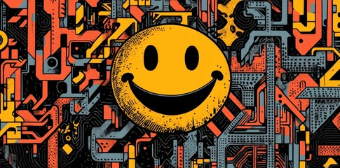 Poster - A yellow smiley face against an industrial pattern background