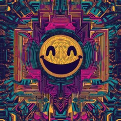 Poster - Smiling face art surrounded by colorful geometric and digital patterns